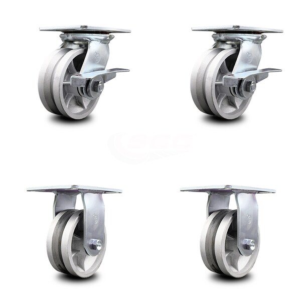 5 Inch V Groove Semi Steel Caster Set with Roller Bearing 2 Brakes and 2 Rigid